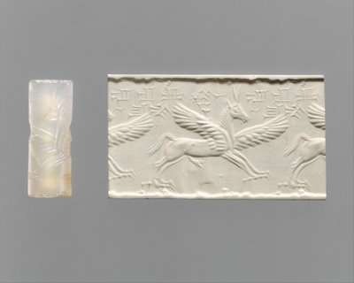 Sello cilíndrico e impresión moderna: caballo alado con garras y cuernos, c. siglo XIV-XIII a.C. (calcedonia) de School Assyrian