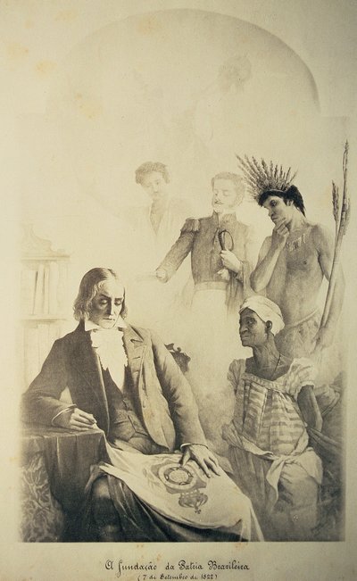Fundador de la Patria Brasileña, 7 de septiembre de 1822 - Alegoría que representa las tres razas: el esclavo africano, el portugués y el indígena con José Bonifacio (1763-1838) y Pedro I (1793-1834) de School Brazilian