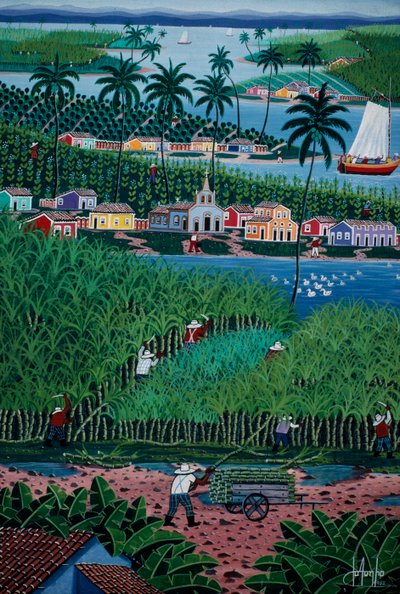 Pintura de arte ingenuo que representa la cosecha de bambú, Estado de Bahía, Brasil de School Brazilian
