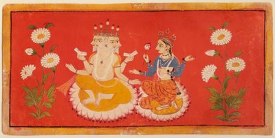 Brahma sentado con Saraswati Brahma sosteniendo los Cuatro Vedas y Saraswai agarrando un pétalo de loto, c.1650 (gouache) de School Bundi