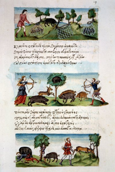 Arte Bizantino: caza de jabalíes. Diferentes técnicas de caza. Arriba: captura de remolachas en redes. En el centro caza de juego con arco. Abajo: cazadores atacados por animales. Miniatura en 