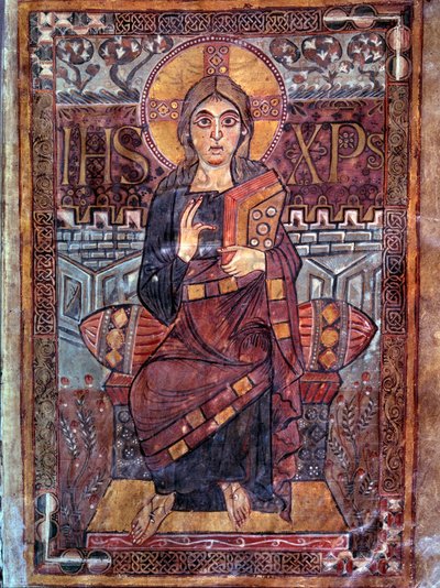 Arte carolingio: Cristo en majestad (en gloria). Miniatura del manuscrito Evangeliaire de Godescalc, Escuela del Palacio de Carlomagno (folio 3) copia de Godescalc del tesoro de Saint-Sernin de Toulouse, Biblioteca del Louvre, 781-783. BN, París de School Carolingian