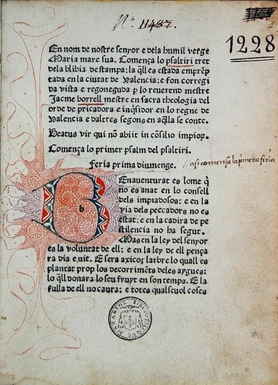 Inc 1228 Salterio de Boniface Ferrer, corregido por Jaime Borrell, impreso por Nicolaus Spindeler en Barcelona en 1480 de School Catalan