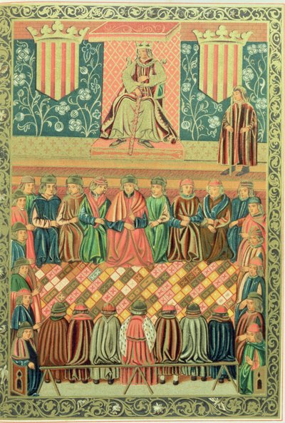 El rey Jaime I el Conquistador presidiendo las Cortes de Lérida en marzo de 1242, extraído de un manuscrito de las "Constitucions de Catalunya". de School Catalan