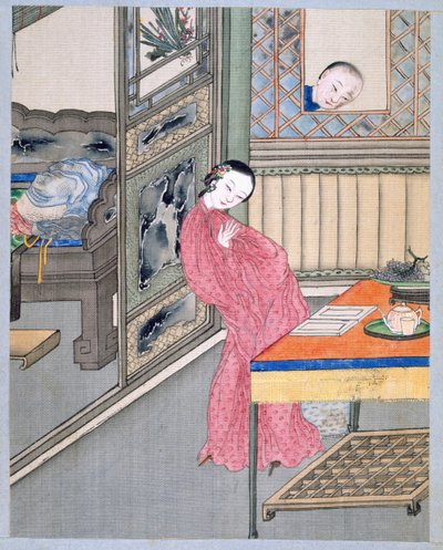 Un hombre sorprende a su amante en la ventana (color sobre tela) de School Chinese