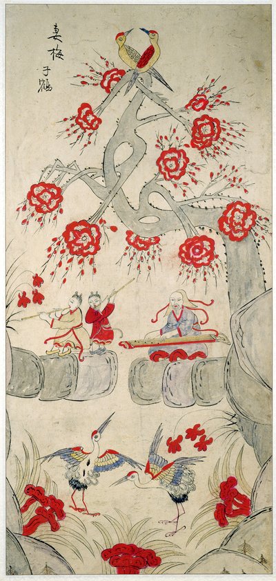 Panel de un biombo que representa historias famosas de China (pigmentos naturales sobre papel) de School Chinese