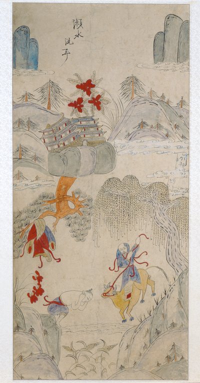 Panel de un biombo que representa historias famosas de China (pigmentos naturales sobre papel) de School Chinese