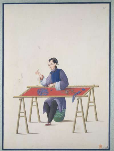 Una mujer bordando, c.1800 (acuarela sobre papel) de School Chinese