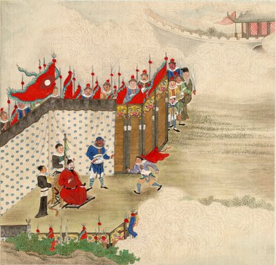 Arte chino: un príncipe chino recibiendo a un mensajero. Témpera sobre seda de la escuela china hacia 1820. Dim 24,6x23,7 cm. Colección privada de School Chinese