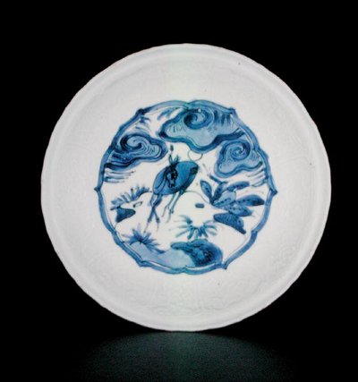 Plato kraak azul y blanco pintado con ciervos en un paisaje, Wanli de School Chinese