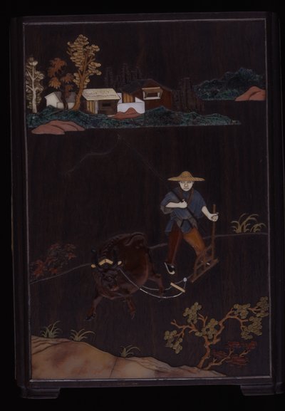 Escobillero con escenas campestres (varias incrustaciones en madera de zitan) de School Chinese