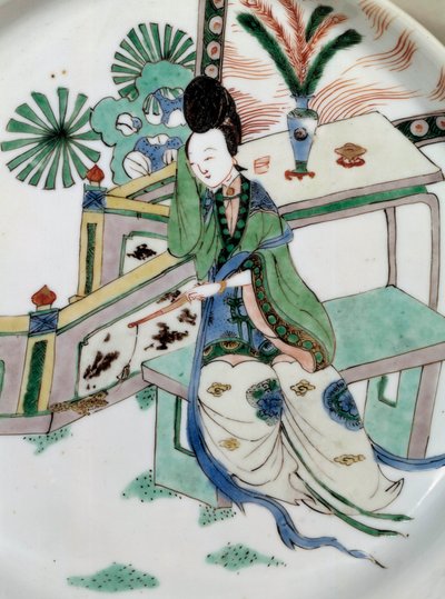Arte chino: la dama reposa en un banco. Pintura en porcelana del siglo XVIII. París, Museo Guimet, Museo Nacional de Artes Asiáticas de School Chinese