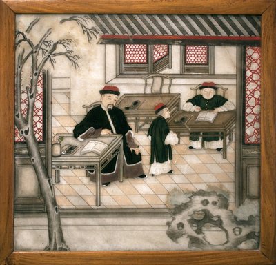 Placa de mármol decorativa que representa letras en su gabinete. Mármol pintado, Dinastía Qing (1644-1911), arte chino. Museo d