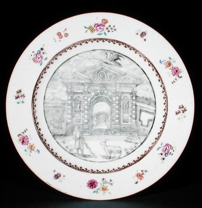 Plato decorado en grisaille con esmaltes Rose Famille que representan a Jacob Bobart (1599-1680) con una cabra y un perro, período Qianlong (1736-95) de School Chinese