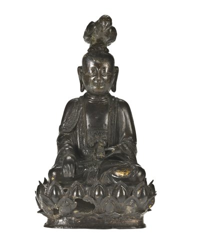 Figura de Guanyin, la diosa china de la misericordia sentada en una base de diseño de loto con un cuervo posado en su cabeza y un conejo descansando en su mano izquierda de School Chinese
