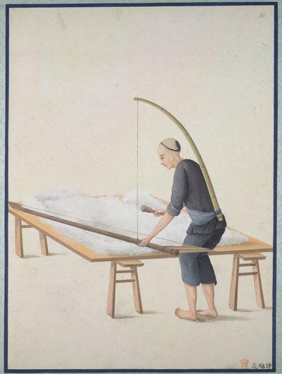 Fluffing cotton, para edredones, c.1800 (acuarela sobre papel) de School Chinese