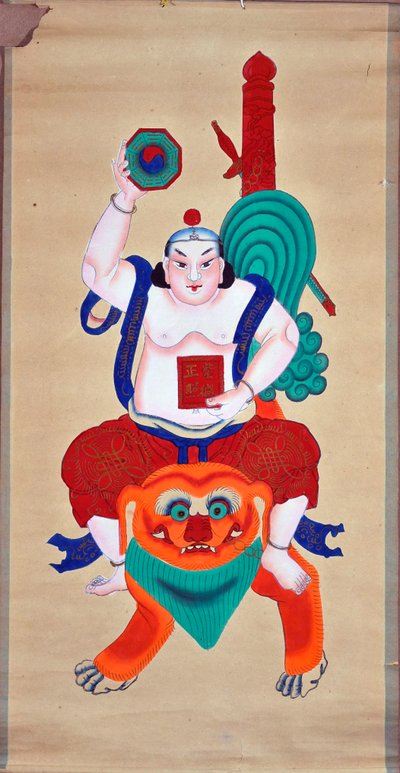 Dios sobre un león - Pergamino chino, tinta y pintura (112x57 cm), entre 1900 y 1950 - Musee de l