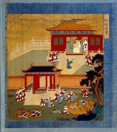 Huang Ti (Huang-Ti también Qin Shi Huangdi), fundador de la dinastía Qin (-260 a -210) quemó todos los libros chinos (autodafé) y precipitó a los letrados en un pozo. Chi-Hoang es el constructor de la gran muralla que separa China de Tartaria. Miniatura en de School Chinese