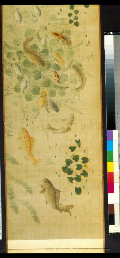 Myriad Fish In Audience With Carp (tinta y color sobre seda) de School Chinese