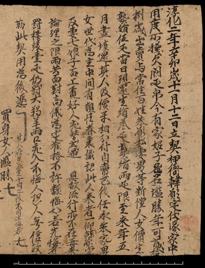 Or. 8210, Contrato fechado el 20 de diciembre de 991 que intercambia una esclava a cambio de una deuda de seda (pergamino) de School Chinese