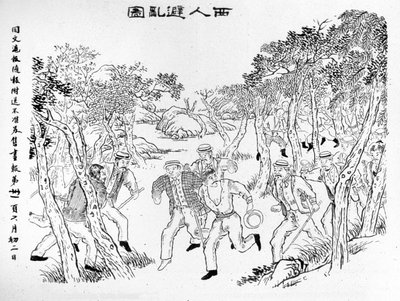 Revuelta de los Bóxers: Los europeos huyendo frente a los Bóxers. Ilustración publicada en el Journal de Shanghai Toung-Ouen-Hou-Pao. Alrededor de 1899 de School Chinese