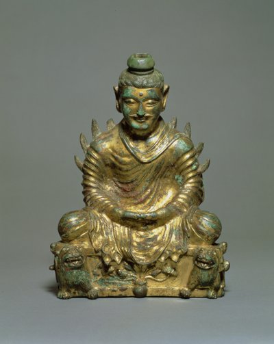 Buda sentado con hombros flamígeros, Período de las Seis Dinastías Chinas, dinastía Wei del Norte, siglo III-V (bronce dorado) de School Chinese