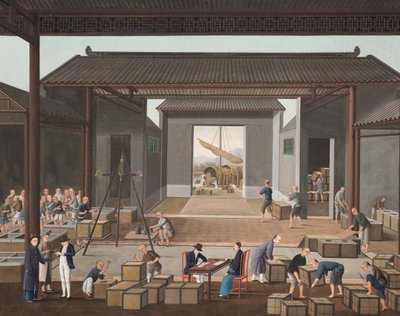 Producción de té, c. 1820 (color de la carrocería y pintura dorada sobre seda extendida sobre papel) de School Chinese