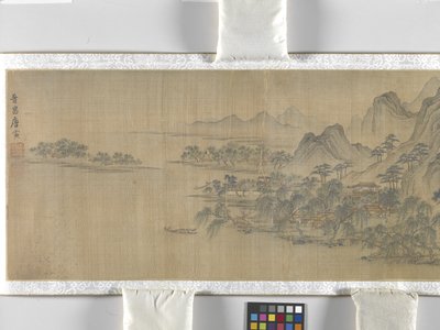 Travellers In A Riverside Village, fecha desconocida (tinta y color sobre seda) de School Chinese