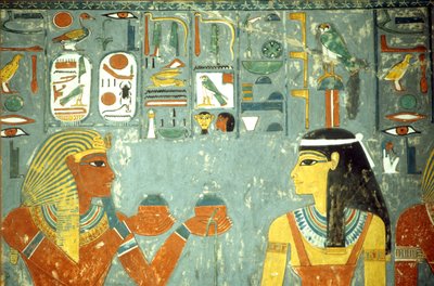 Antiguo Egipto, Pintura, Horemheb ofreciendo ungüentos a Hathor, Tumba de Horemheb, Tebas de School Egyptian