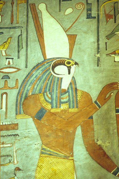Antiguo Egipto, Pintura, Horus, Dios con cabeza de halcón, Dios de los reyes, Tumba de Ramsés I, Tebas de School Egyptian