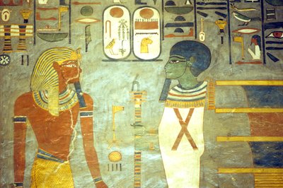 Antiguo Egipto, Pintura, Ramsés I ante Ptah, detrás del cual hay un pilar djed, Tumba de Ramsés I, Tebas de School Egyptian