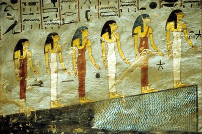 Antiguo Egipto, Pintura, Tumba de Ramsés I, Tebas, Seis diosas que representan las seis primeras horas de la noche, ascendiendo una montaña bajo la cual hay un estanque. de School Egyptian