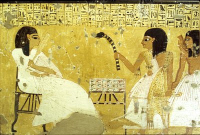Antiguo Egipto, Tumba de Inherkhau, Tebas, Inherkhau ante sus hijos desempeñando funciones de sacerdote, Llevando una piel de leopardo, Pintura mural, Valle de los Nobles, dinastía XX (foto) de School Egyptian