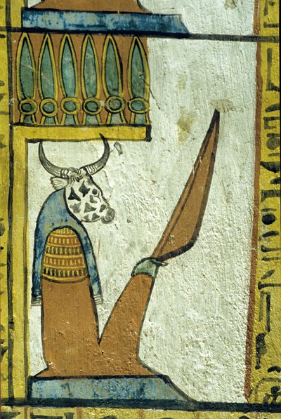 Antiguo Egipto, Pintura mural, Dios del inframundo con cabeza de vaca, Tumba de Sennedjem, Tebas, Deir el Medina de School Egyptian