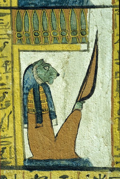 Antiguo Egipto, Pintura mural, Dios del inframundo con cabeza de león, Tumba de Sennedjem, Tebas, Deir el Medina de School Egyptian