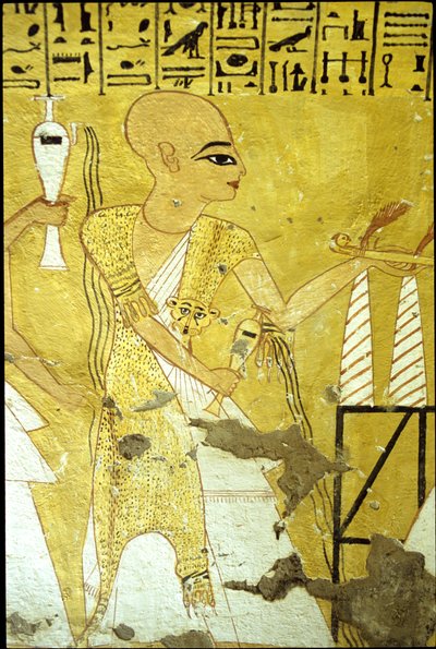 Antiguo Egipto, Pintura mural Tumba de Inherkhau, Tebas, Tumba de los Nobles, dinastía XX, Un sacerdote vierte libaciones para Inherkhau (foto) de School Egyptian
