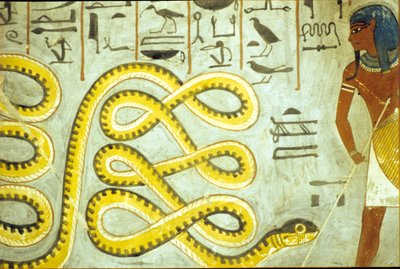 Antiguo Egipto, Pintura mural, Tumba de Ramsés I, Valle de los Reyes, Ramsés I matando a la serpiente Dios del inframundo de School Egyptian