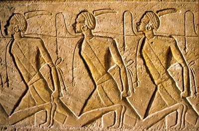 Antiguo Egipto, Pintura mural/talla, Fila de prisioneros que representan al pueblo kushita, representado como africano, que ha sido derrotado por Ramsés II, Templo de Ramsés II, Abu Simbel. de School Egyptian