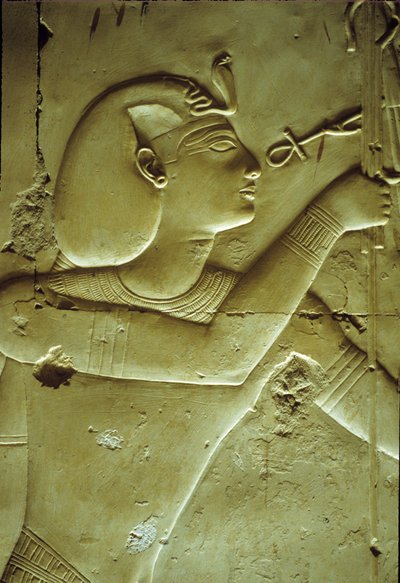 Antiguo Egipto, Pintura mural/talla, Seti I recibiendo la vida, simbolizada por el anj, Templo de Seti I, Abidos de School Egyptian