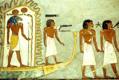 Antiguo Egipto, Pintura mural, Viaje a través del inframundo en barca tirada por hombres, Tumba de Ramsés I, Tebas de School Egyptian