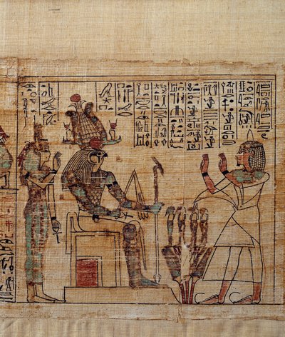 Arte egipcio antiguo: Papiro mitológico de Serimen. Serimen en adoración ante el dios Ptah-Sokar-Osiris seguido por Isis. Manuscrito de la dinastía XXI (ca. 1069-945), tercer período intermedio (ca. 1069-664 a.C.) de School Egyptian