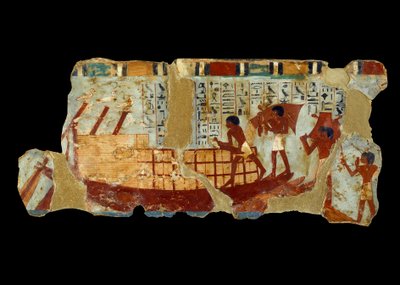 Arte egipcio antiguo: cargando granos en un barco, pintura sobre limo de la tumba de Ounou (1450 a.C.) de School Egyptian