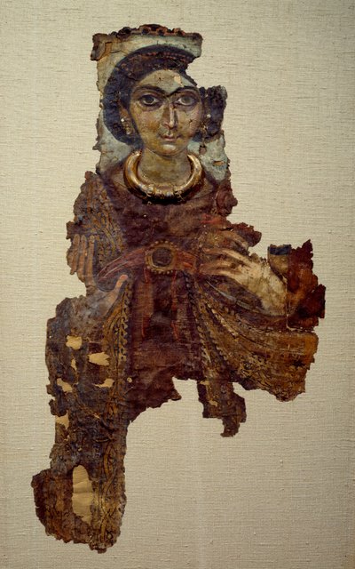 Arte copto: sudario de mujer llamada dama con la cruz ansada. Pintura sobre lienzo de lino (siglo IV d.C.) Antinoe de School Egyptian
