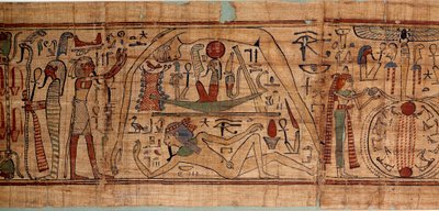 Antigüedad egipcia alegoría del cosmos: papiro mitológico de Neskapashouty, escriba contable de granos representando la cosmogonía, con Geb, Nut, Neftis, Osiris de School Egyptian