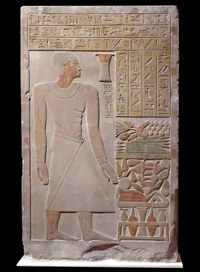 Antigüedad egipcia: estela de piedra caliza del monumento a la memoria del portavoz del visir Senousret formando una capilla. Alrededor de 1700 a.C. Dinastía XII tardía de School Egyptian