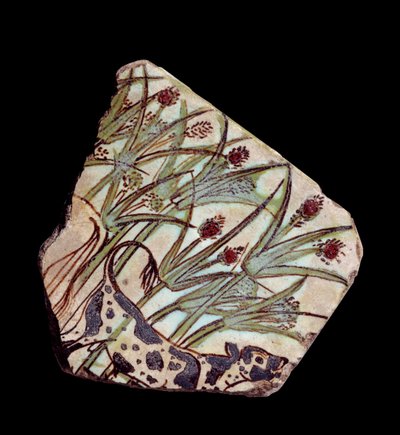 Antigüedad egipcia: pieza de azulejo de loza que decora un toro en el papiro. Nuevo Imperio (1550-1069 a.C.) París, Museo del Louvre de School Egyptian