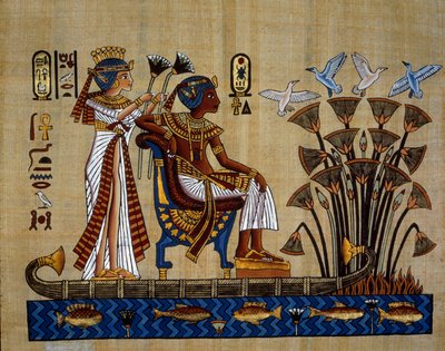 Antigüedades egipcias: el faraón y su esposa en el papiro. Papiro, Nuevo Imperio de School Egyptian