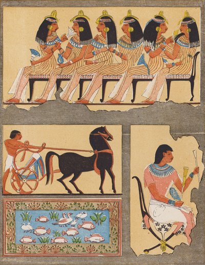 Frescos de una antigua tumba egipcia, Tebas (litografía en color) de School Egyptian