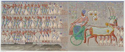 Tebas, Medynet-Abu: bajorrelieve coloreado, tallado en la galería sur del peristilo del palacio - en 