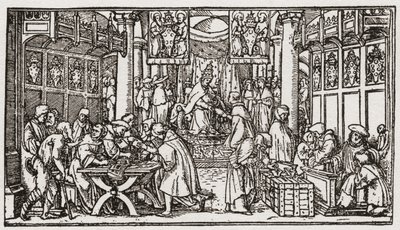 Venta de indulgencias durante la época de los Tudor en Inglaterra (grabado) de School English